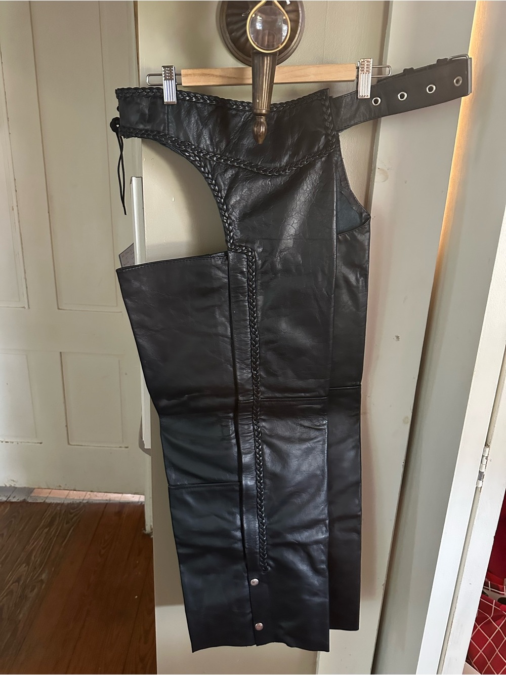 Women's Black Leather Motorcycle Chaps with Braided Trim